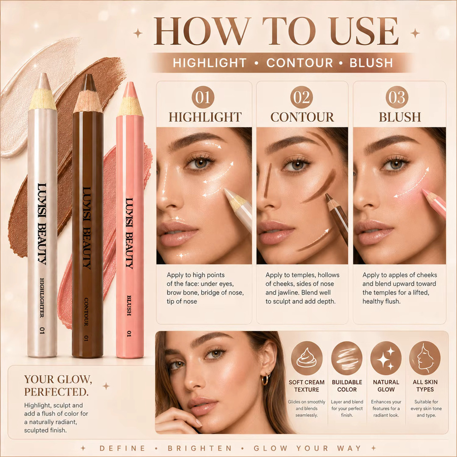 3-teiliges Make-up-Stift-Set, Kontur, Rouge, Highlighter, matt & perlmuttartig - Bild 2