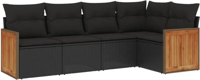 vidaXL 5-tlg. Garten-Sofagarnitur in L-Form mit Kissen, Schwarz, Poly-Rattan und Metallrahmen - Bild 1
