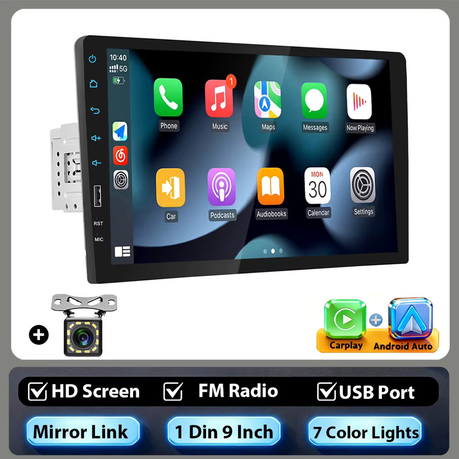 Podofo 1 DIN Autoradio mit 9 Zoll Touchscreen, CarPlay, Android Auto, Mirror Link, Bluetooth, FM und Rückfahrkamera in Schwarz - Bild 5