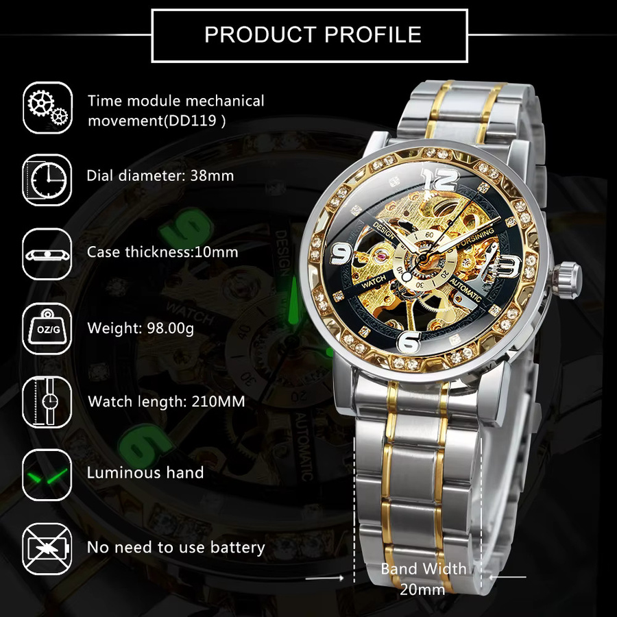 Forsining Armbanduhr, Skelett-Mechanikuhr, Edelstahl, Diamantbesetzt, Herren - Bild 5