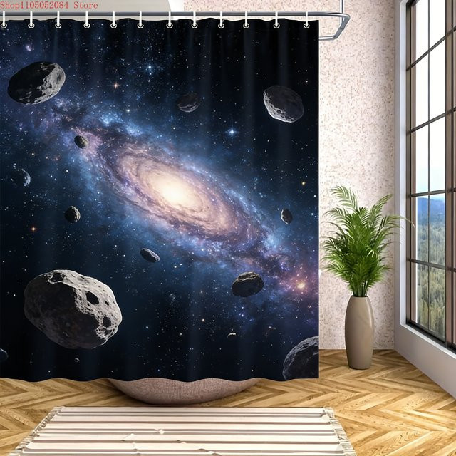 Wasserdichter Duschvorhang von Beast Kingdom mit Spiralgalaxie und Sternen-Motiv in Blau - Bild 1