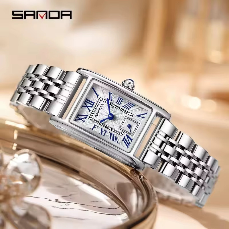 SANDA Armbanduhr Quarz, Edelstahl, Rechteckig, Weiß, Damen - Bild 3