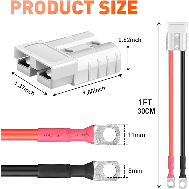 AGASHE 50-A-Batterieadapter mit 7 AWG Kabel und O-Anschluss, Länge: 30,4 cm, Ladestecker für Elektrostapler und Windenanhänger - Bild 3