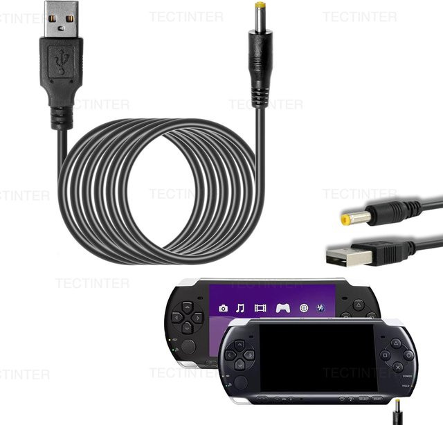 TECTINTER USB-Ladekabel für PSP 1000 2000 3000 Handheld-Spielkonsole, 5V 1A, Schwarz, Länge: 1 m, Steckergröße: 4,0 x 1,7 mm - Bild 1