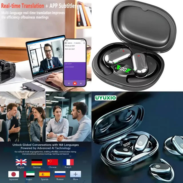UYUXIO Echtzeit-KI-Übersetzungs-Ohrhörer in Schwarz mit Online-Übersetzung für 144 Sprachen, OWS In-Ear Kopfhörer - Bild 1