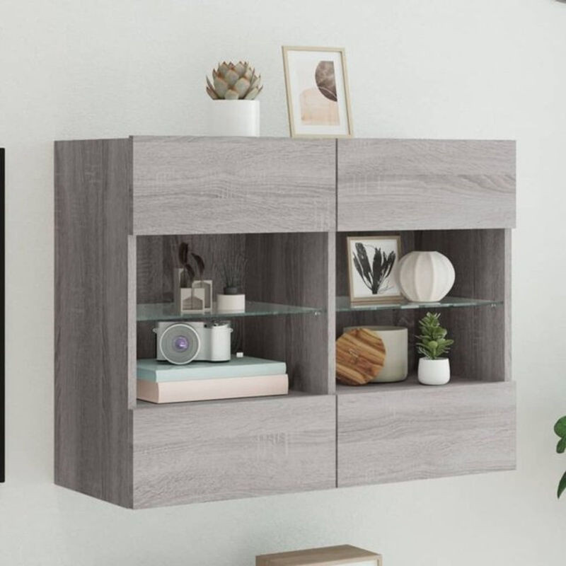 Vidaxl TV-Wandschrank mit LED-Leuchten in Grau Sonoma, modern mit Glas und Drehtüren, B/H/T: 78,5 x 60,5 x 30 cm - Bild 1