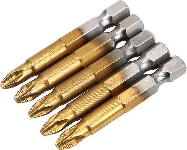 DIYWORK Elektro-Schraubendreher-Bits Set, 5 Stück, PH2, titanbeschichtet mit magnetischer Spitze und rutschfestem 1/4 Zoll Sechskantschaft, braun, Länge: 50 mm - Bild 1