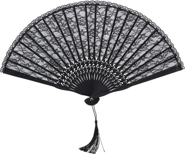 CosyHome Japanischer Vintage Fächer mit Spitze in Grau und Schwarz zum Zusammenklappen - Bild 1