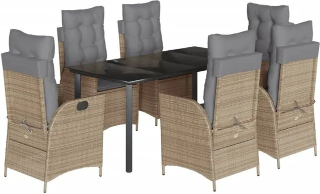 vidaXL 7-teilige Garten-Essgruppe aus Poly Rattan mit Kissen und Glastisch in Beige - Bild 1