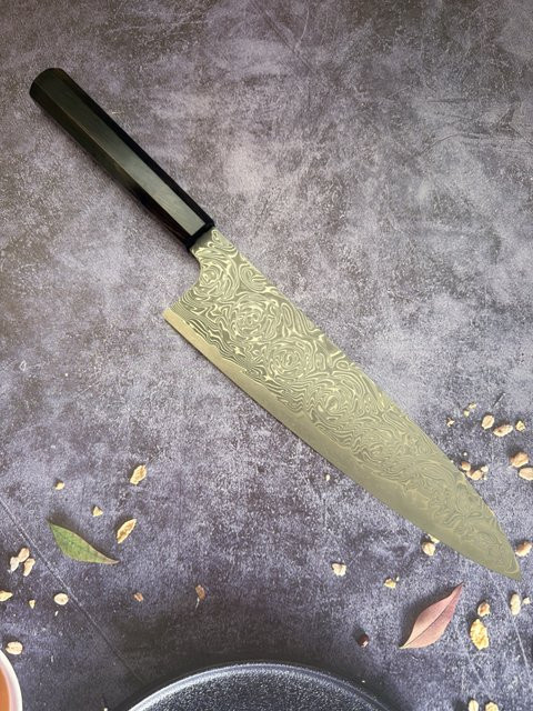 RHON Gyuto-Messer aus Damaststahl mit 67 Lagen und VG10-Kern, Japanisches Allzweck-Kochmesser mit schwarzem Ebenholzgriff, Länge: 24 cm - Bild 1