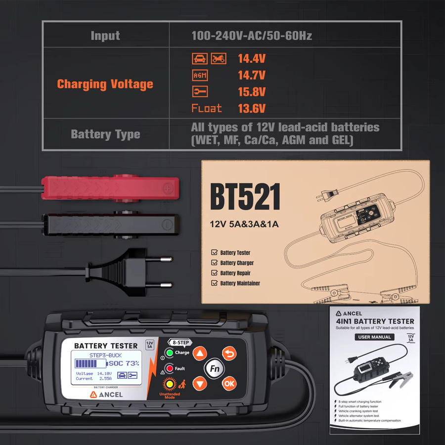 ANCEL BT521 12V Autobatterie-Wechsler und Batterietester in Schwarz für AGM, GEL und Blei-Säure-Batterien zur Kfz-Reparatur und Diagnose - Bild 2