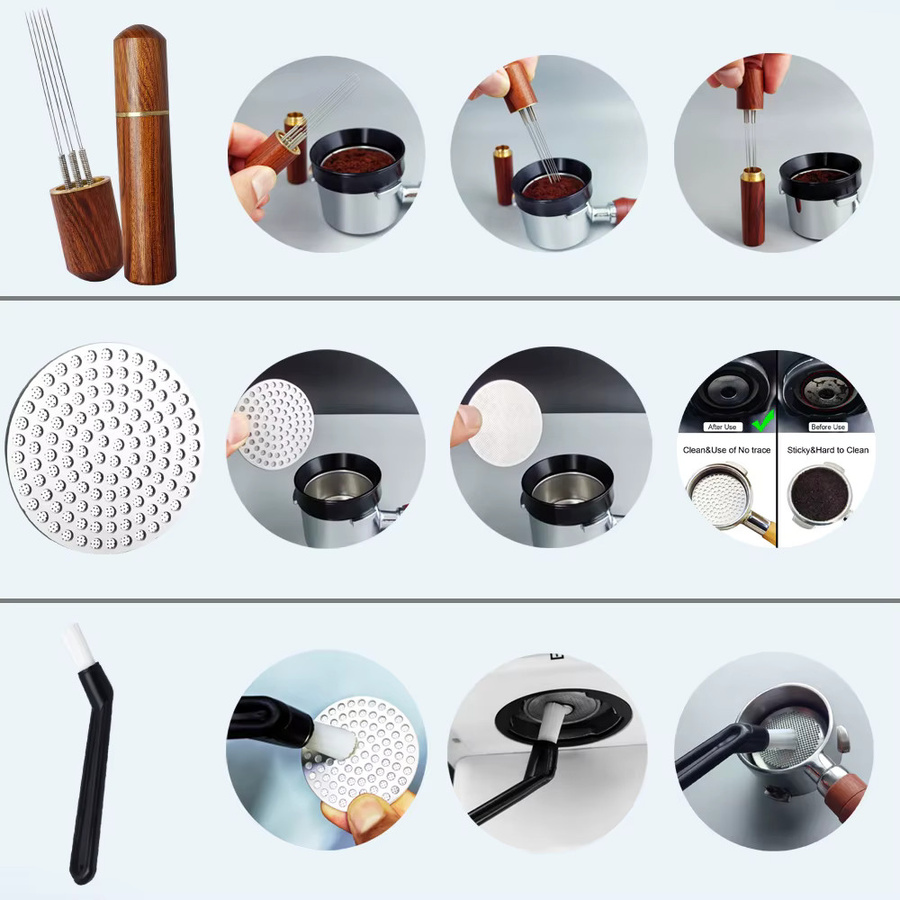 XINGZHAOHOME Espresso-Tamper Set in Schwarz mit WDT-Rührwerkzeug, Puck-Screen, Dosiertrichter und Reinigungsbürste für 51 mm, 53 mm oder 58 mm - Bild 4