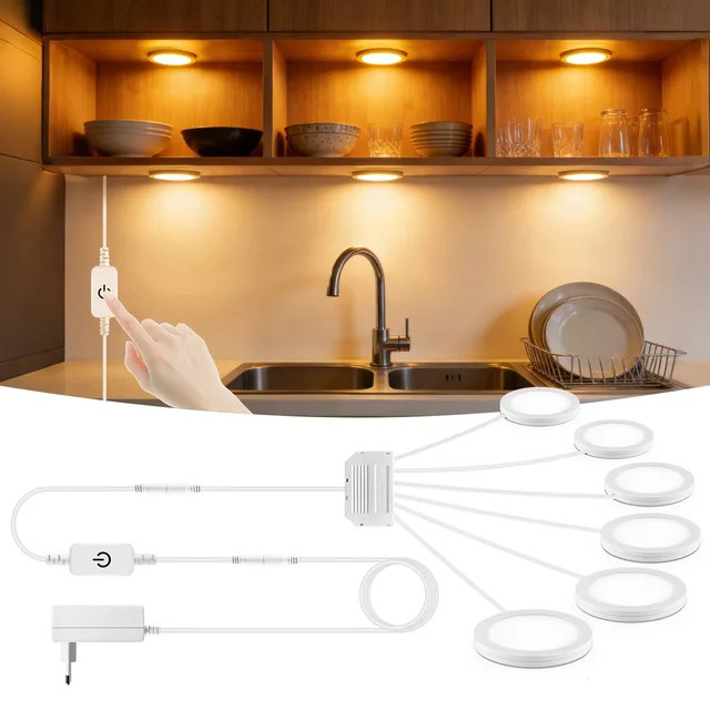Gyarfas Dimmbare LED-Unterbauleuchten Set in Weiß, Runde Panelleuchten mit Touch-Steuerung und 3 Farbtemperaturen für Küche und Schrank - Bild 1