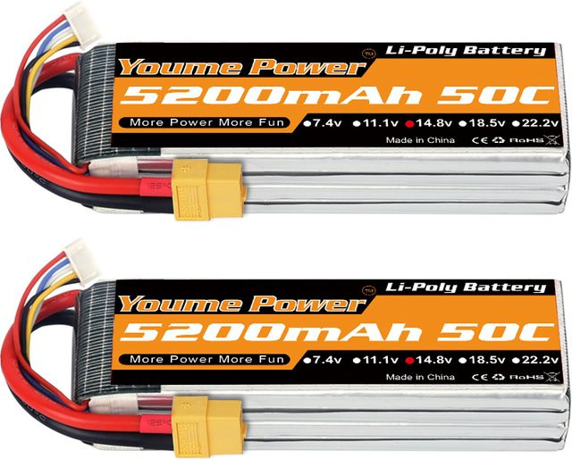 Youme 4S LiPo Akku 14,8V 5200mAh 50C mit XT60 Anschluss für RC FPV Flugzeuge, Drohnen, Racing-Modelle und Boote - Bild 1