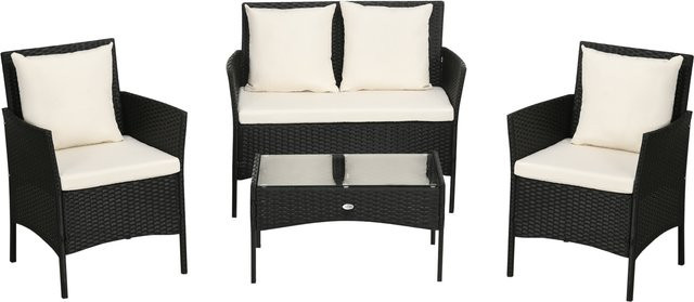 Outsunny Gartenmöbel-Set 4-teilig aus Rattan mit 2 Sesseln, 2-Sitzer-Sofa und Kaffeetisch in Schwarz und Beige mit Polstern und Metallgestell - Bild 1