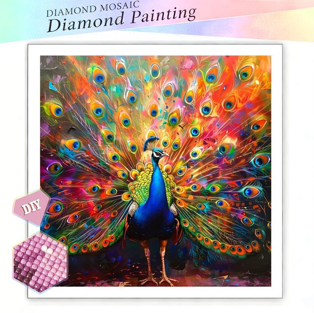 EverShine Diamant-Stickerei Set Pfau mit runden Steinen in Multicolour, DIY Mosaik-Kunstmalerei zur Heimdekoration, B/H: 20 x 20 cm - Bild 1