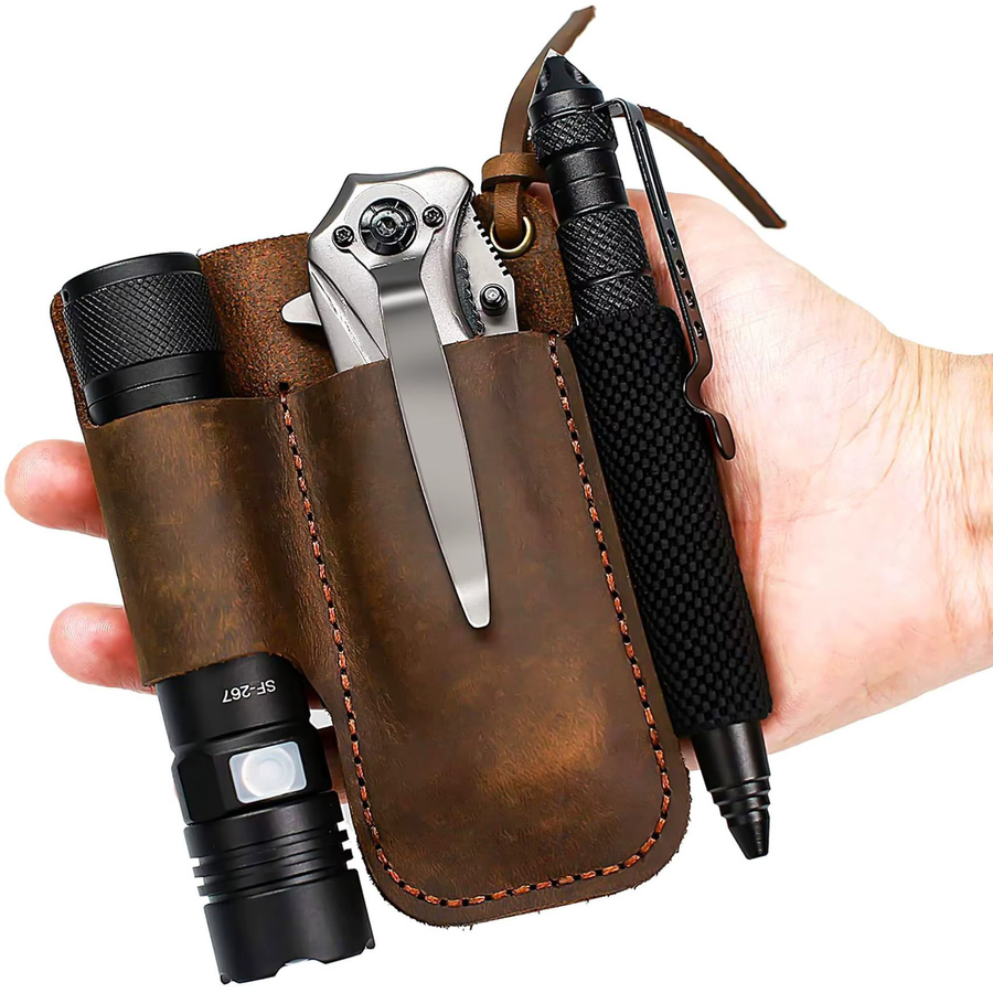 ABKY Handgefertigte Lederscheide für Klappmesser und Taschenlampen EDC Werkzeug in Braun - Bild 5