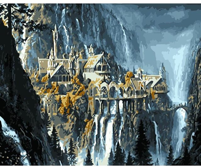 Malen nach Zahlen Set Bergstadtlandschaft von HUALUOFEI in Grau und Multicolour, Leinwand Kunstbild für Erwachsene, B: 40 cm, H: 50 cm - Bild 1