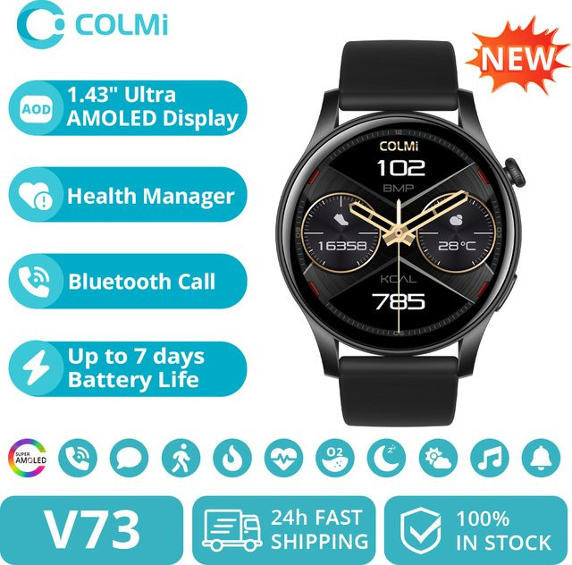 COLMI V73 Smartwatch mit AMOLED Display, Bluetooth Anrufe und Fitness Tracking für Männer und Frauen in Schwarz oder Pink - Bild 1