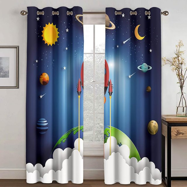 A Family Of Home Textiles Kinder Vorhang mit Weltraum-Motiv Rakete und Planeten in Blau, B: 100 cm, H: 160 cm - Bild 1