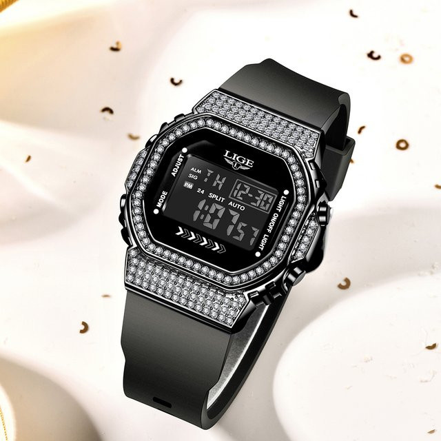 LIGE Armbanduhr, Quarz, Silikon, Diamantbesetzt, Schwarz, Damen - Bild 1