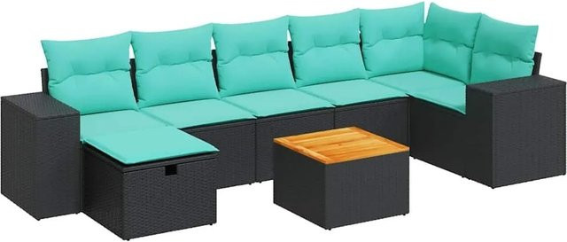vidaXL 8-tlg Garten-Sofagarnitur in L-Form aus schwarzem Poly-Rattan mit Kissen und Akazienholz - Bild 1