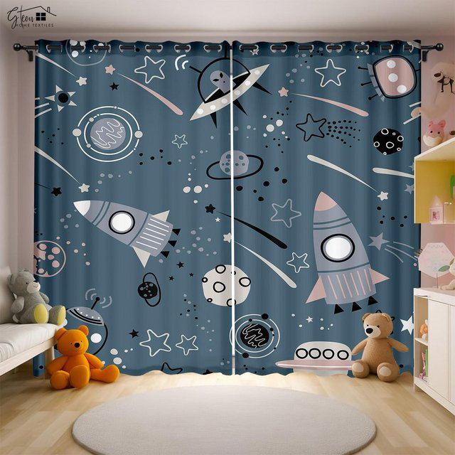 Yiran Furniture Cartoon Universum Vorhänge mit Weltraum-Motiv, Blau, B: 50 cm, H: 130 cm, 2er-Set - Bild 1