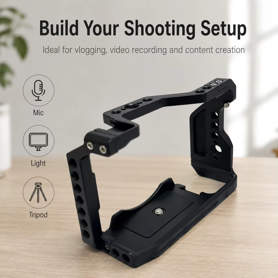 SOARSHOT Kamerakäfig für Sony A6700 aus CNC Aluminiumlegierung in Schwarz mit Cold Shoe und Befestigungslöchern für Videoaufnahmen - Bild 5