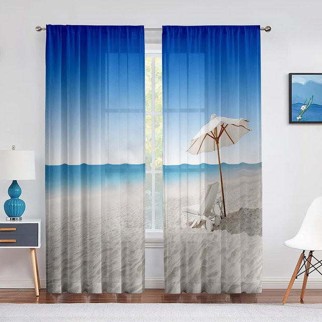 Dekorativer Tüllvorhang mit Meereslandschaft und Strandmotiv in Blau, transparentes Voile-Material mit Ösen, Breite: 100 cm, Höhe: 250 cm - Bild 1