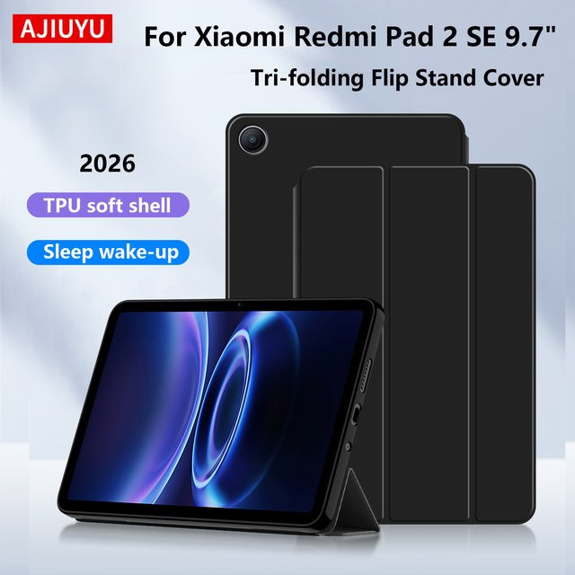 AJIUYU Tablet-Hülle für Xiaomi Redmi Pad SE 9,7 Zoll, dreifach faltbare Flip-Hülle aus PU-Leder mit Standfunktion und TPU Soft Shell, Schwarz - Bild 1