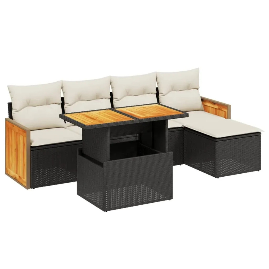 vidaXL 6-teilige Garten-Sofagarnitur aus Poly-Rattan und Akazienholz in Schwarz mit Kissen - Bild 2