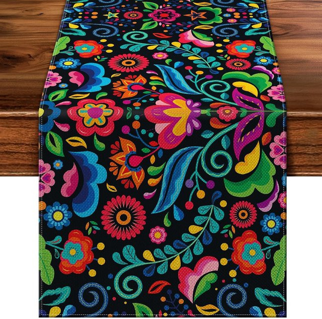 Beau Maison Leinen Tischläufer Dia De Los Muertos in Blau und Multicolour, B/H: 150 x 33 cm - Bild 1