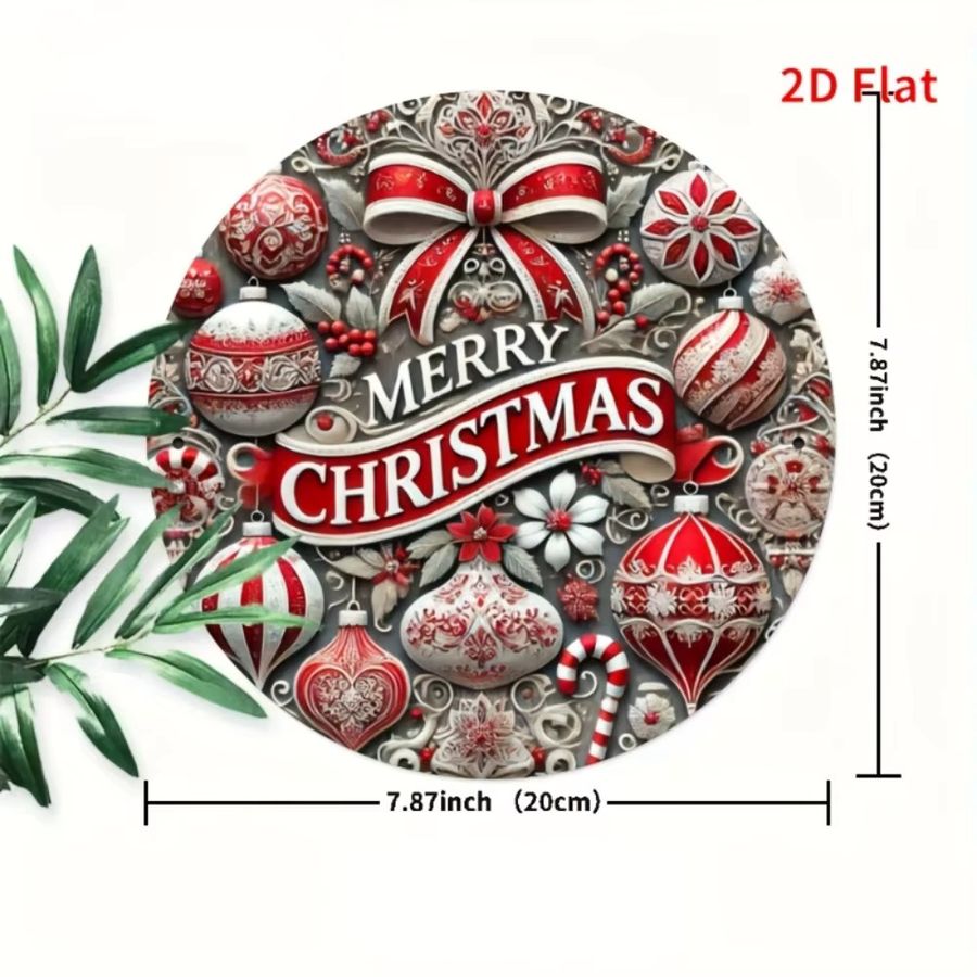 HELLOYOUNG Rundes Metallblechschild Frohe Weihnachten mit Zuckerstangen-Kranz-Design zur Weihnachtsdekoration für drinnen und draußen, Durchmesser: 20 cm - Bild 2