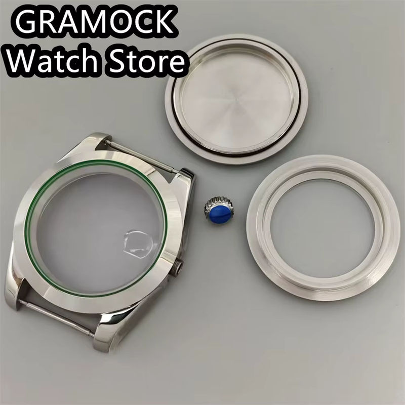 GRAMOCK Uhrengehäuse Edelstahl, silber, grüner Rand, Saphirglas, Unisex - Bild 3