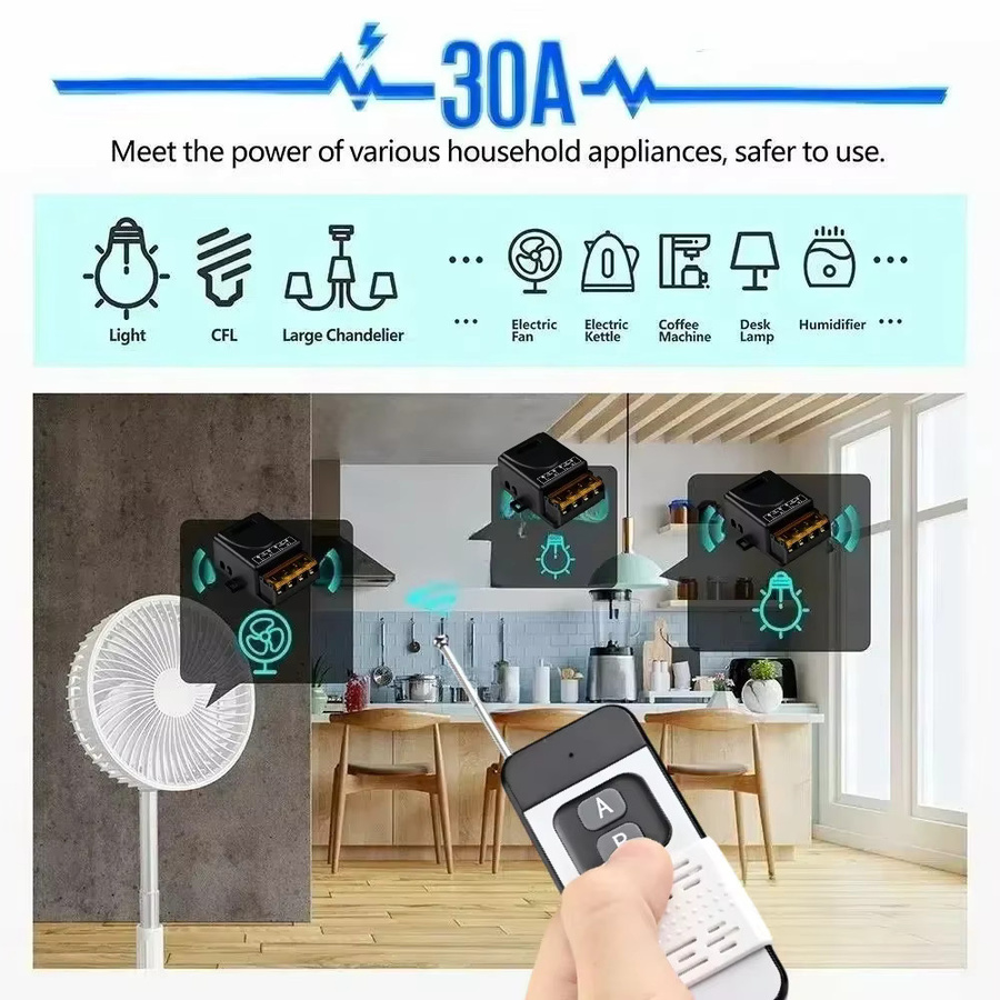 Kebidu Drahtlose RF Fernbedienung Schalter 433 MHz mit 30A Reichweite bis 1000m, AC85-220V, Schwarz - Bild 2