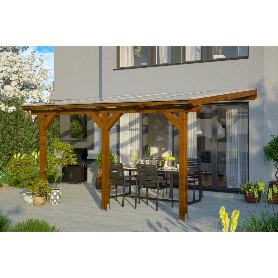 Skan Holz Terrassenüberdachung Bormio aus Leimholz in Nussbaum Braun, Breite: 434 cm, Tiefe: 250 cm - Bild 2