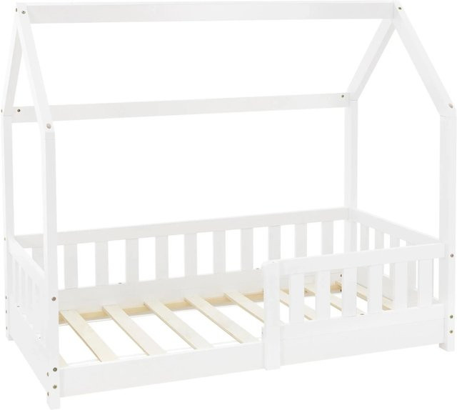 ML-Design Kinderhausbett aus Kiefernholz mit Dach und Rausfallschutz, Weiß, B: 140 cm, H: 127 cm, T: 70 cm - Bild 2