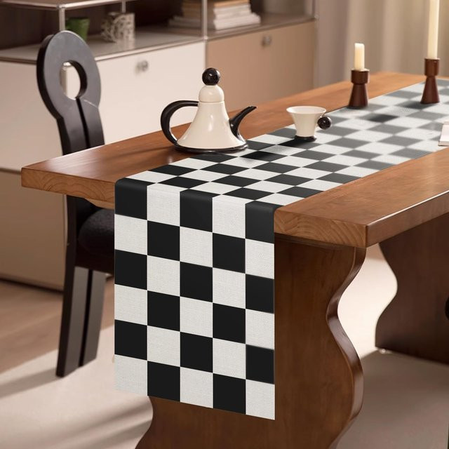 ILVISEST Tischläufer aus Leinen in Schwarz-Weiß kariert, B/H: 120 x 33 cm - Bild 1