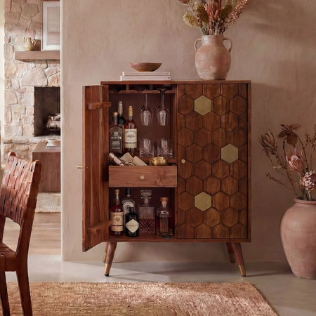 Finebuy Hausbar aus Massivholz Akazie mit Wabenmuster in Braun und Gold, Breite: 75 cm