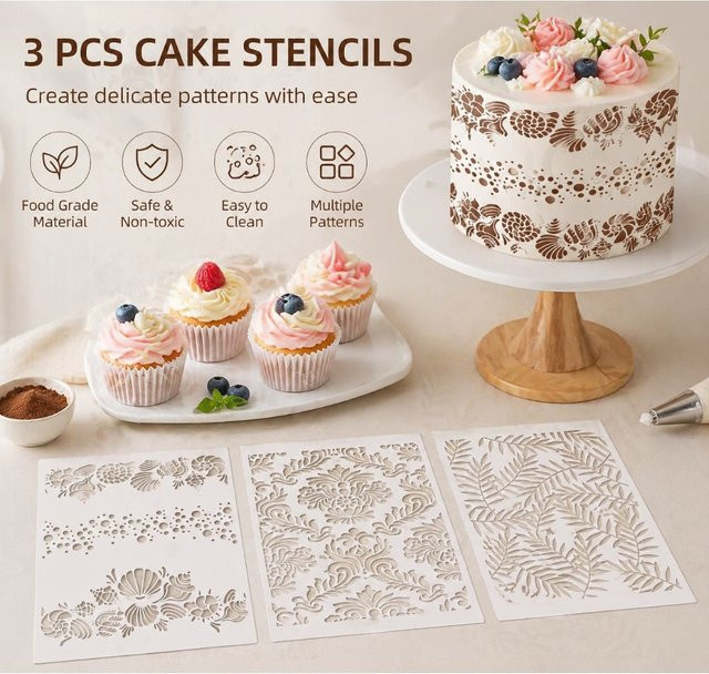 ALICAKE 3-teiliges Vintage-Set aus transparentem PET mit Schriftrollen-, Marine- und Blattmustern für lebensmittelechte Kuchenschablonen zur Partydekoration - Bild 1