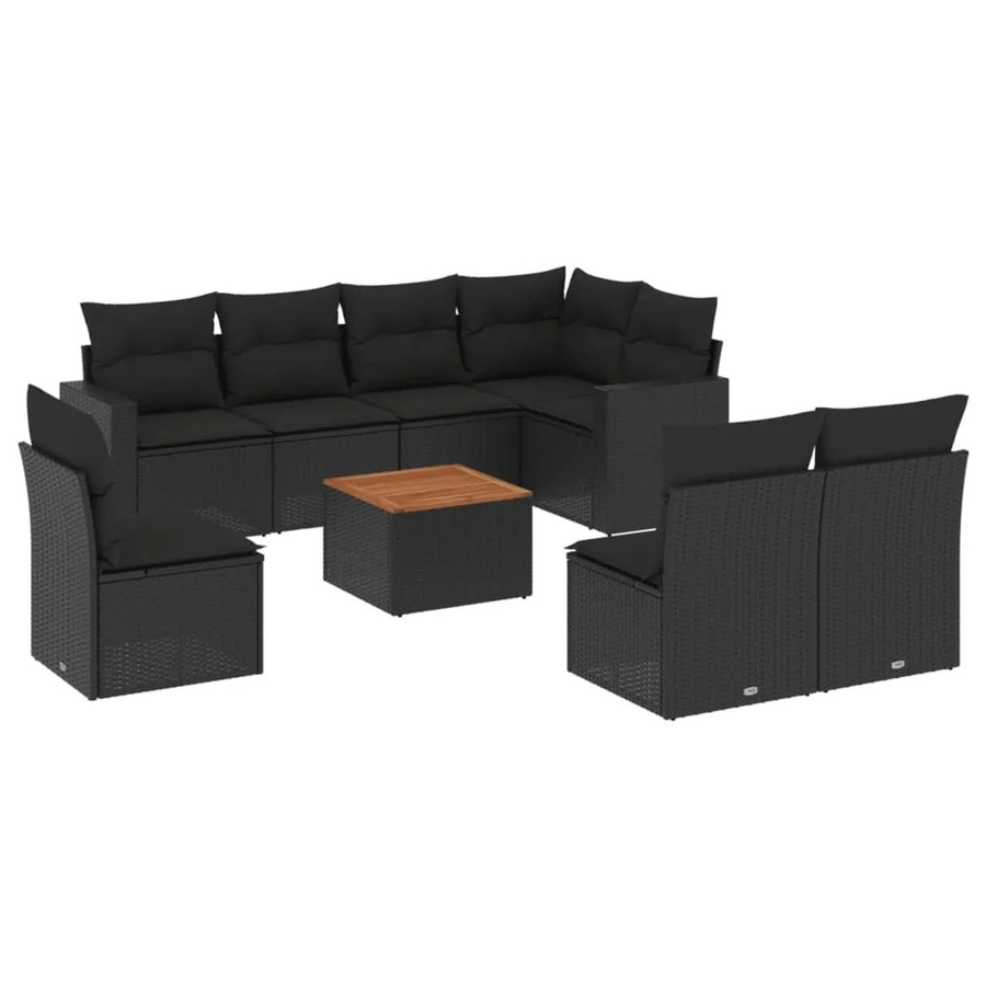 vidaXL 9-tlg Garten-Sofagarnitur aus Poly-Rattan und Akazienholz in Schwarz und Braun mit Kissen - Bild 2