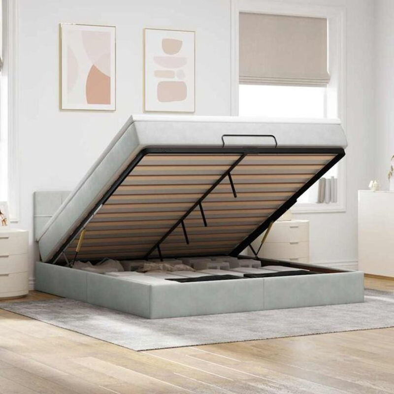 vidaxl Ottoman Polsterbett mit Matratze und LED-Beleuchtung aus Samt in Hellgrau, B/T/H: 180 x 200 x 88 cm - Bild 1