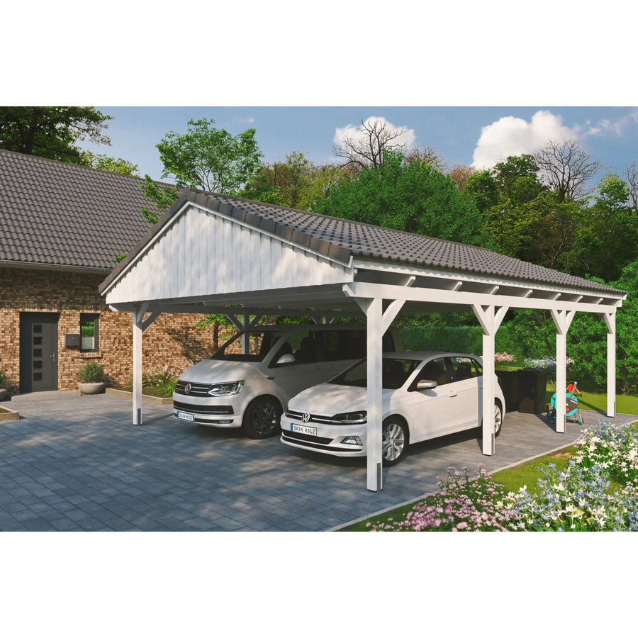 Skan Holz Carport Fichtelberg aus Fichte Leimholz in Weiß mit spitzer Dachform, B/T: 618 x 808 cm, Höhe: 362 cm - Bild 2
