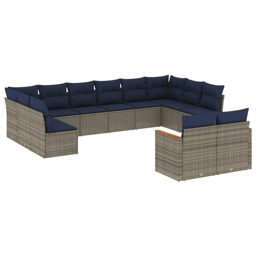 vidaXL 12-tlg. Gartensofa-Set in U-Form aus Polyrattan mit Kissen in Grau und Blau - Bild 2