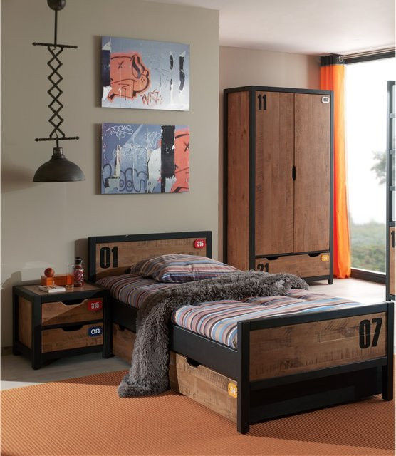 Vipack Schlafzimmer Set Alex aus Kiefer gebürstet bestehend aus Nachtkonsole, Einzelbett mit Bettschublade und 2-türigem Kleiderschrank, Farbe Braun, B/T/H: 90 x 200 cm - Bild 1