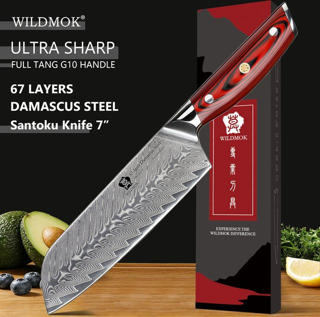 WILDMOK Professionelles Damast-Santoku-Messer aus VG10-Stahl mit G10-Griffstück, 17,78 cm - Bild 1