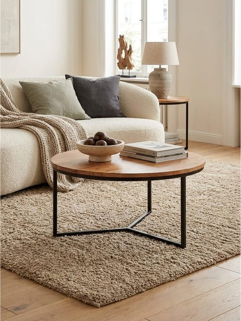 KADIMA DESIGN Couchtisch rund aus Akazie Massivholz und Metall in Braun, B/T/H: 60 x 60 x 38 cm - Bild 1