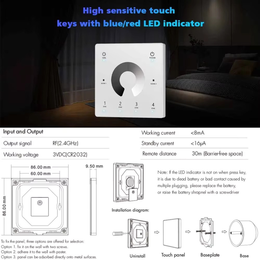 YSRSAI 4-Zonen RF 2,4G LED-Dimmer mit Wandpaneel Touch-Dimmung für DC12V 24V 36V einfarbige LED-Lichtleisten 2835 5050 COB in Weiß - Bild 3