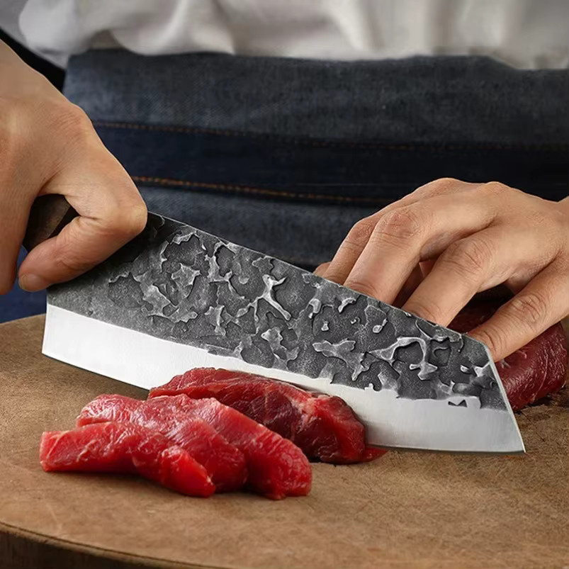 GuanQi Handgeschmiedetes Fleischbeil aus Edelstahl mit Holzgriff und Scheide, Silber - Bild 3