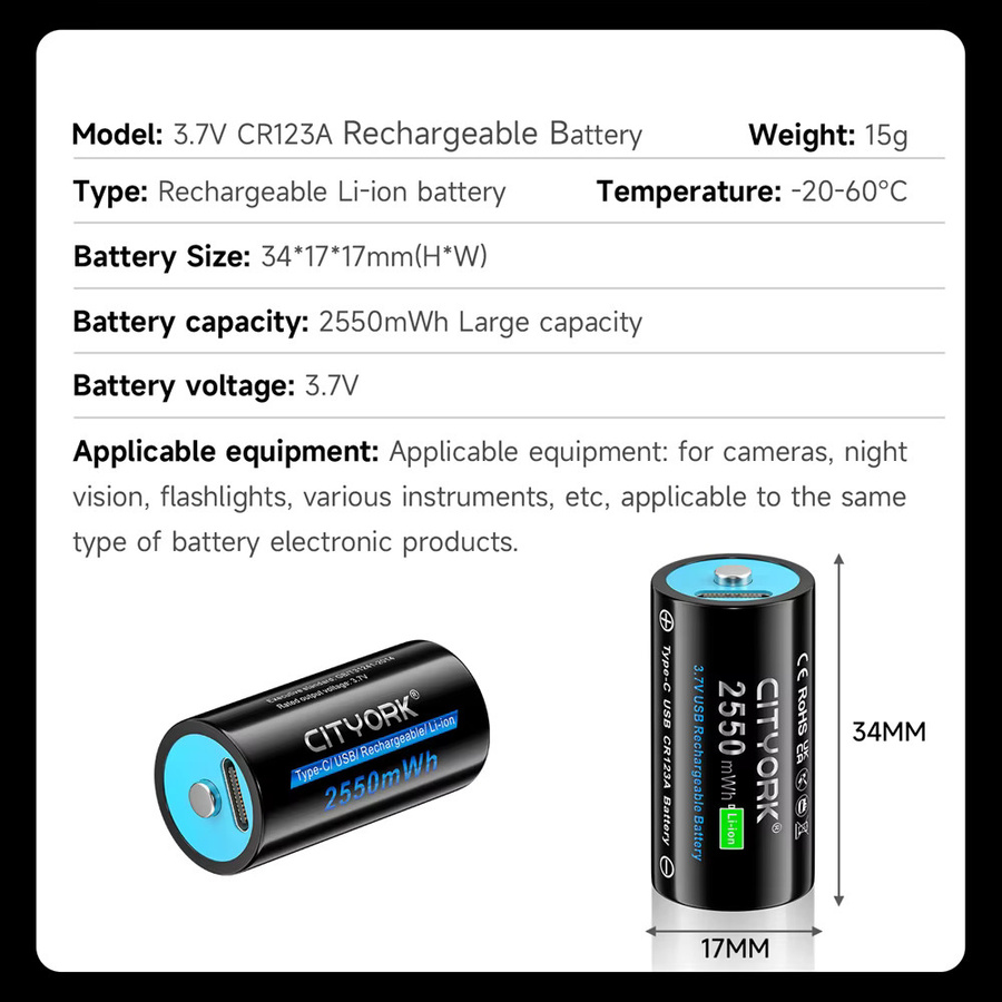 CITYORK CR123A 3,7V Li-Ionen Akku mit USB-C Anschluss, 2550mWh, Schwarz - Bild 6